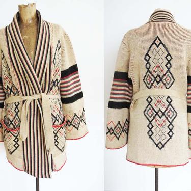 Vintage 70s Southwestern Robe Cardigan S M - 1970s Striped Geometric Belted Wrap Sweater - Shawl Collar - Brown Boho Wide Sleeve Cardigan 
