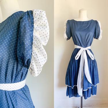 LENGTH NOT FINISHED Vintage 1970s Navy &amp; White Dotted Dress / M 