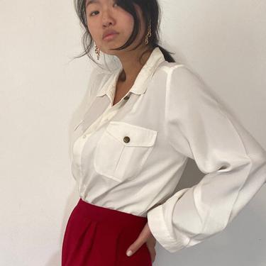 90s pocket shirt blouse / vintage creamy white silky crepe oversized semi sheer pocket shirt blouse | L 