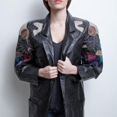 leather jacket coat oversize vintage 80s long textured black applique embroidery colorful M L MEDIUM LARGE 