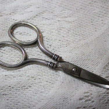 Antique Appliqué Curved Blade Scissors with Sterling Silver Handles, by Zimmer Cutlery Co., Germany, 4.375 Inches 