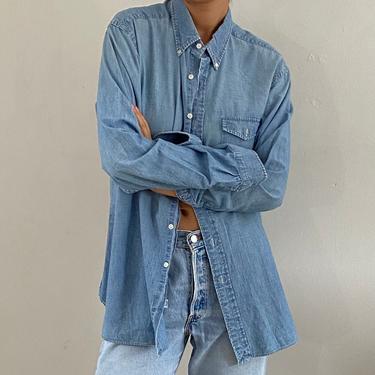 90s Ralph Lauren denim chambray pocket shirt / vintage Polo blue denim chambray oversized boyfriend chore shirt | L 
