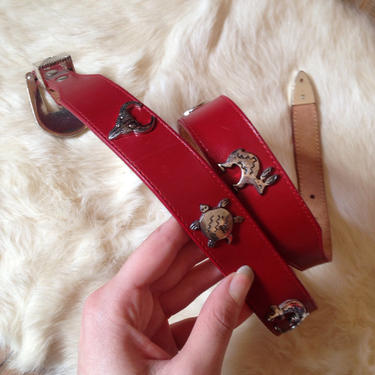 Vintage 70s 80s Red Leather Silver Western Southwestern Zuni Folk Animal Mexican Native Belt Turtle Snake Rabbit Bull Lizard Buffalo Bison by InAFeverDream