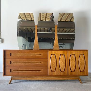 Mid-Century Modern Sliding Front Dresser With Mirror 