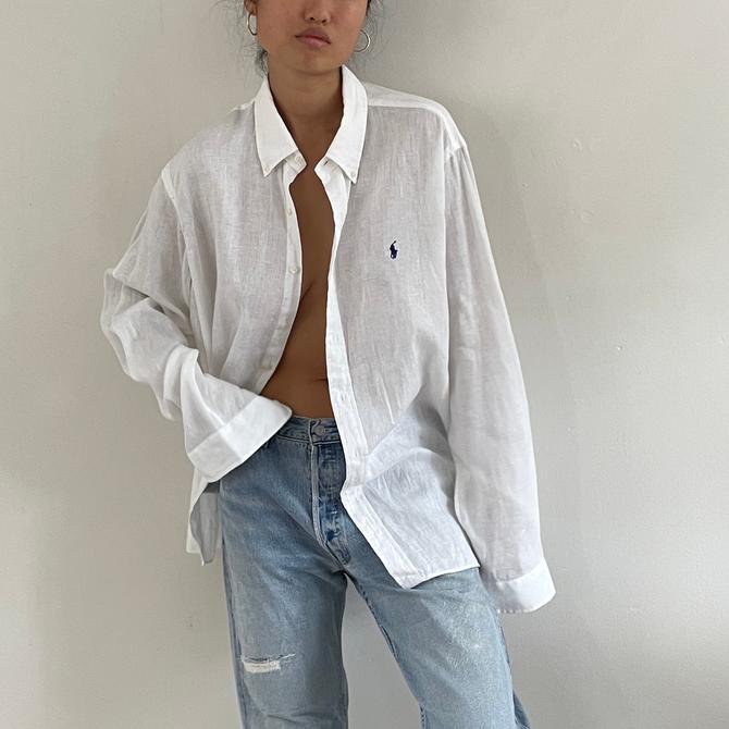 90s Ralph Lauren linen shirt / vintage white linen oversized 