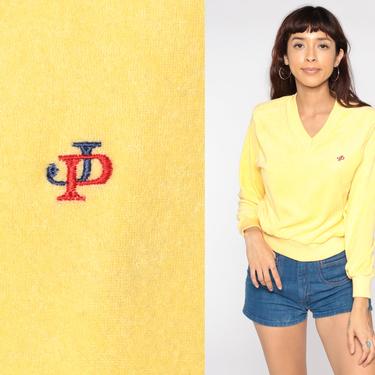 Terry Cloth Shirt 80s Yellow Sweatshirt V Neck Sweater Slouchy Terrycloth 70s Shirt Long Sleeve Vintage Retro Medium 