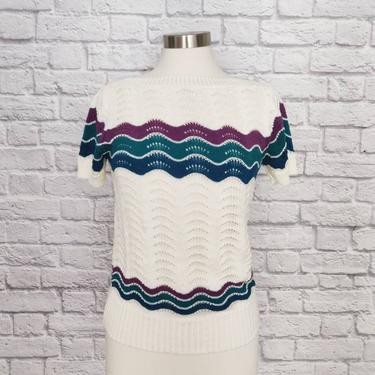 Vintage 80s Sweater // Scalloped Chevron Pattern // White, Green, and Purple 