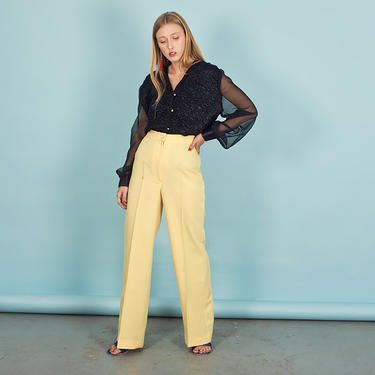 70s Pastel Yellow Textured Trousers Vintage Spring High Waisted Pants Apple Branches Vintage Miami FL