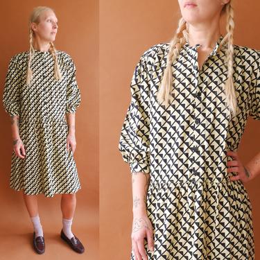 Vintage 70s Guy Laroche Drop Waist Dress/1970s Butter and Black Geometric Print Puff Sleeve Cotton Dress/ Size 36 Medium 