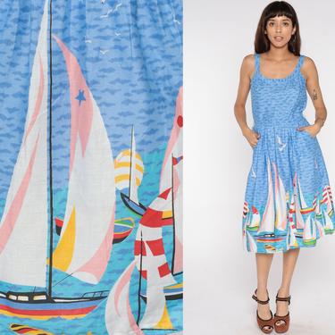 Nautical Sun Dress Sailboat Print Sundress 80s Blue Midi Spaghetti Strap 70s Vintage High Waist Keyhole Backless Dress Open Back Small 