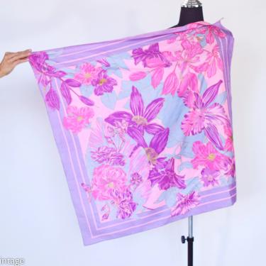 1980s Pink &amp; Lavender Silk Scarf | 80s Flowered Thai Silk Scarf 