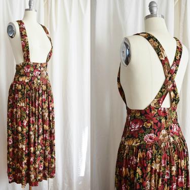 Vintage Fall Floral Jumper Dress 1990s Ann Taylor Suspenders Skirt We McGee Vintage Boston MA