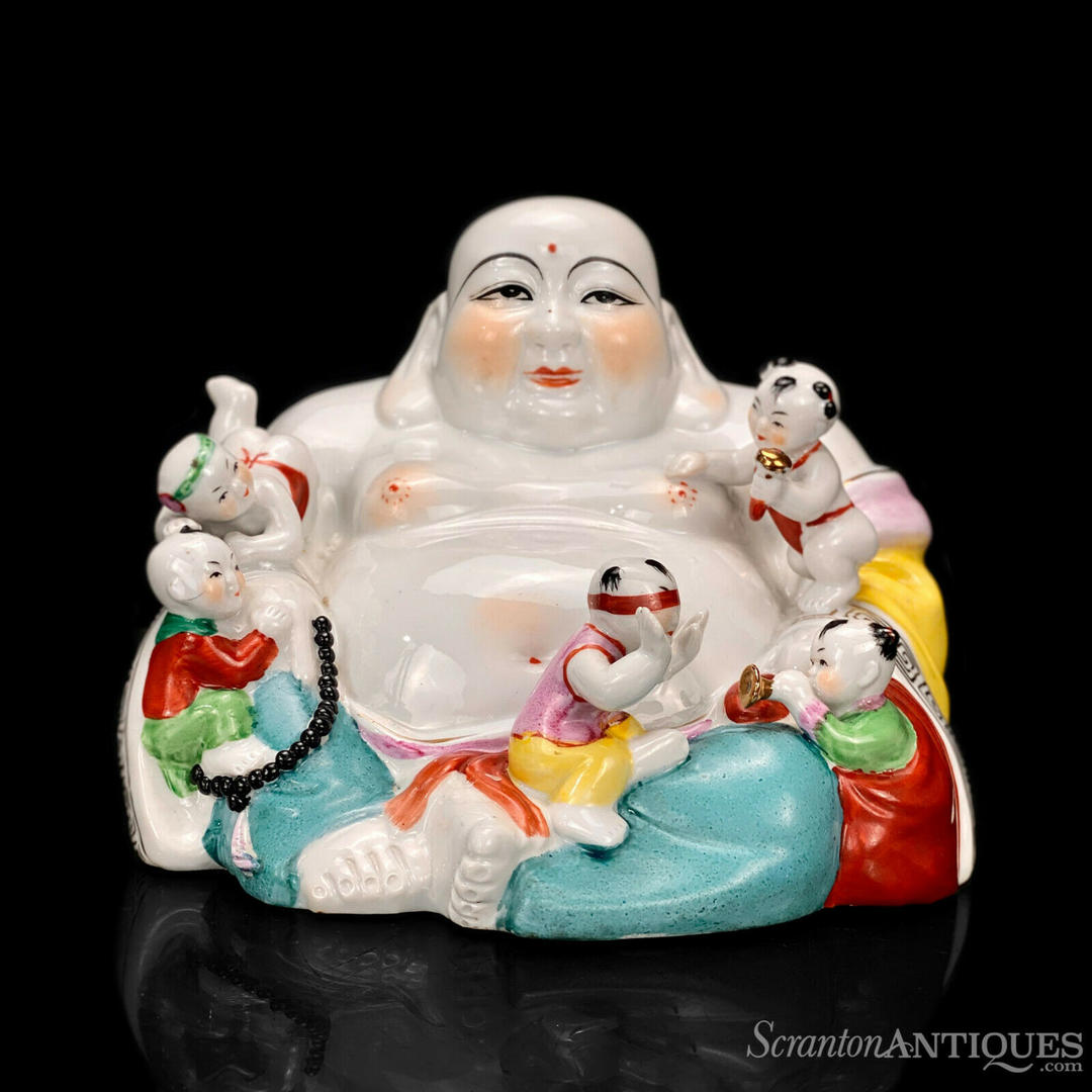Vintage Chinese Porcelain Buddha w/ Children Table Sculpture Figure