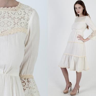 Vintage 70s Country Prairie Dress / Sheer Ivory Floral Crochet Lace / Simple Trumpet Bell Sleeve Mini Dress 