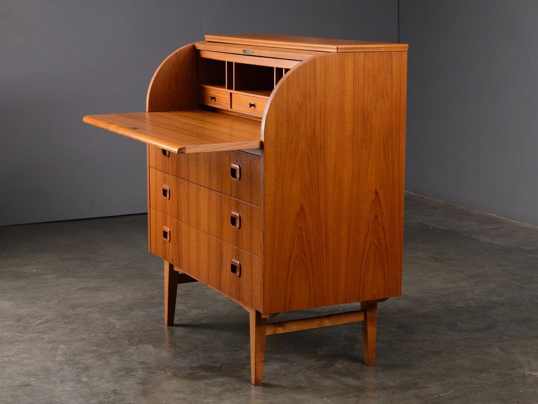 MidCentury Secretary Desk Teak Danish Modern Rolltop Barrel Madsen