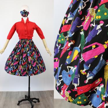 1960s FASHION FIGURES fabric art deco novelty print skirt xs | new summer 