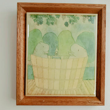 Vintage Susan Verble Gantner Framed Art Tile | Hippos and Pinot Noir in Wood Tub | Kimberly Enterprises CA | 1979 
