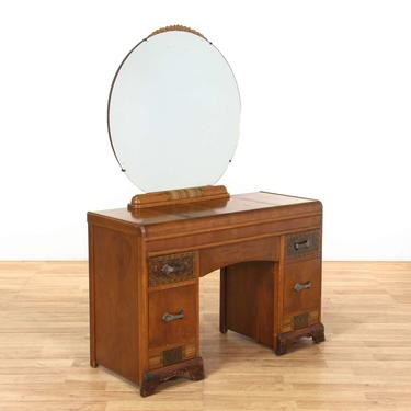 Art Deco Waterfall Vanity Dresser w/ Round Mirror