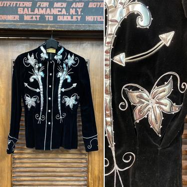 Vintage 1950’s “Ranch-Maid” Black Velvet x Silver Cowboy Western Rockabilly Shirt, 50’s Western Top, Vintage Clothing 