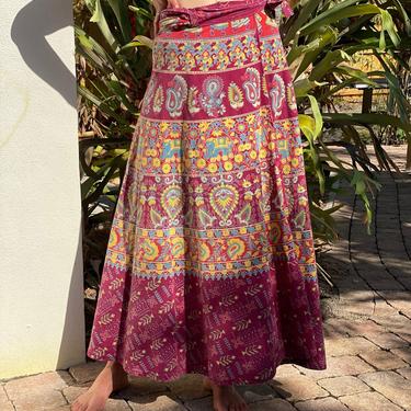 70s Maxi Wrap Skirt / India Cotton Wrap Skirt / Burgundy  Printed Festival Skirt / Coachella Easy Skirt / Lightweight Haute Hippie Skirt 