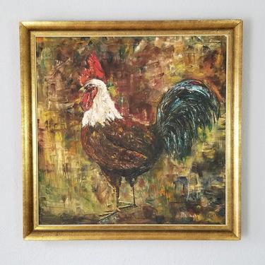 1970's Vintage M. Kelly Rooster Oil on Canvas Painting 