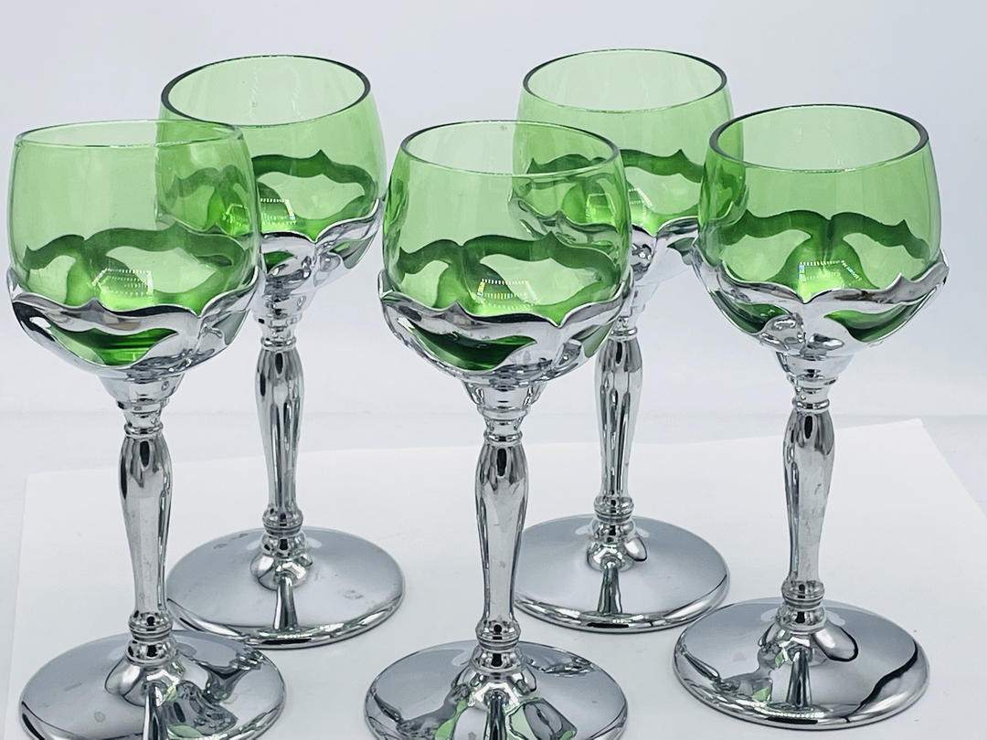 Green Depression Glass Stem Clear Small Cordial Drinking Glasses