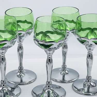 Vintage set of (5) Art Deco Farberware Chrome Aperitif Cordial Cocktail - Cambridge Glass  Green Glass- 