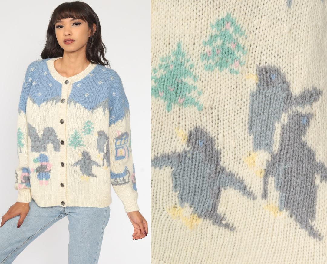 Eddie Bauer Cardigan Sweater 90s Penguin Sweater Novelty