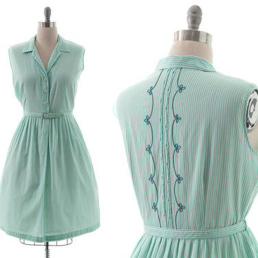 Vintage 1950s Shirtwaist Dress | 50s Embroidered Mint Striped Cotton Fit and Flare Full Skirt Day Dress (x-large) 