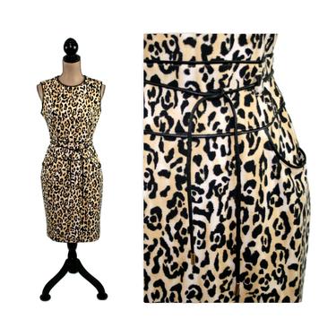 Leopard Dress Women Fitted Midi Animal Print Sheath Fall Cocktail Dress Small Club Sleeveless Knit Jersey with Pockets Calvin Klein Size 4 