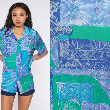 70s Geometric Shirt Blue Psychedelic Shirt Dagger Collar Shirt Boho Top Vintage 1970s Short Sleeve Shirt Liberty House Large xl l 