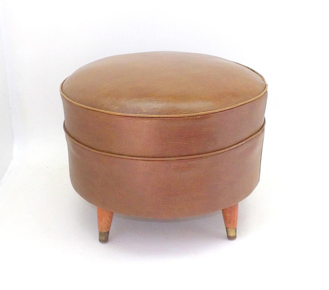 Mid Century Modern Round Ottoman Chestnut Brown Naugahyde Wood Legs ...