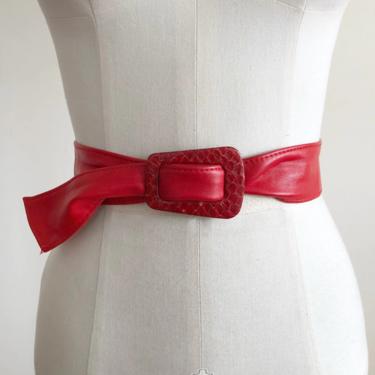 Red Leather Belt with Snakeskin Buckle - 1980s 