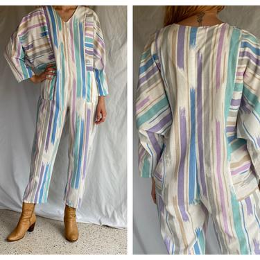 Striped Cotton Jumpsuit / Oversized Onesie / Blue Purple Yellow White Stripes Oversized Onesie / 1980s Street Style / Summer Romper 