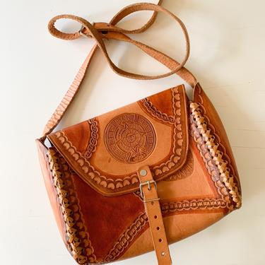 Vintage 1970s Tooled Leather Shoulder Bag 