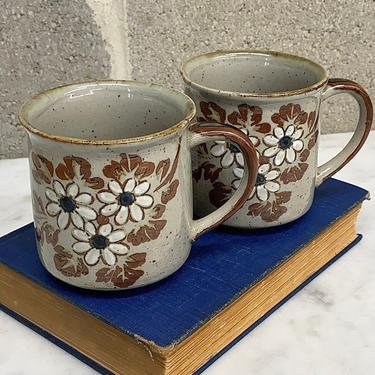 Vintage Mug Set Retro 1980s Bohemian + Ceramic + Floral Design + Hand Made + Set of 2 Matching + Coffee or Tea + Kitchen Decor + Drinking 