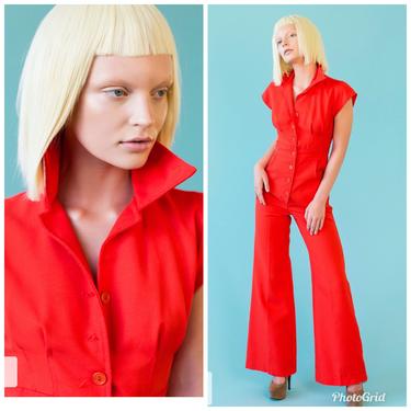 Vintage 70s Bell Bottom Red Jumpsuit Flares Disco Studio 54 -XS-S 