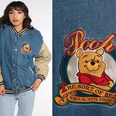 Winnie The Pooh Jacket Varsity Jacket Disney Denim Jacket 90s Baseball Coat Jean Letterman Blue Bomber 1990s Vintage Retro Medium 