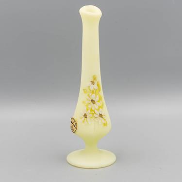 Fenton Daisy on Custard Glass Bud Vase | Vintage Hand Painted Satin Vaseline Glass 