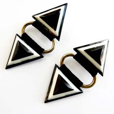 Large Modernist 1980s Memphis Style Black and White Lucite Suede Earrings 