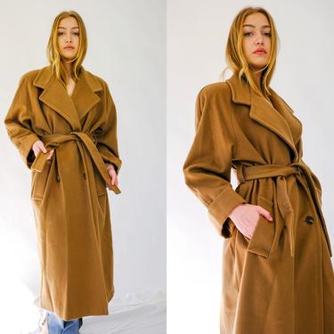 Vintage 80s Harve Bernard Camel Tan Broad Drop Shoulder Wool Belted Overcoat | Made in USA | 100% Wool | 1980s Designer Boho Winter Jacket 