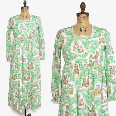 Vintage 70s Holly Hobbie Print Dress / 1970s Novelty Print Empire Waist Maxi Long Dress by luckyvintageseattle