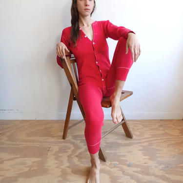 Vintage 70s Red Union Suit/ 1970s Cotton Thermal Underwear Pajamas