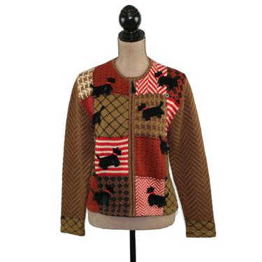 Scottie Dog Sweater, Zip Up Novelty Appliqued Cotton Knit Cardigan 