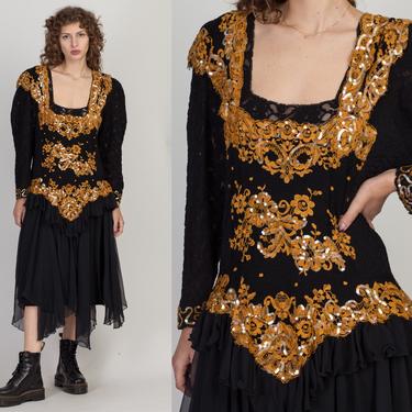 80s Gothic Black Golden Lace Overlay Dress - Extra Large | Vintage Sequin Ankle Length Long Sleeve Midi Gown 