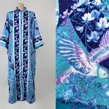 VINTAGE 80s Bird and Butterfly Print Satin Kaftan | 1980s Novelty Print Caftan Maxi Lounge Dress | Sante Housedress 