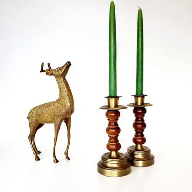 Vintage Traditional Wood &amp; Brass Candlestick Holder Set 