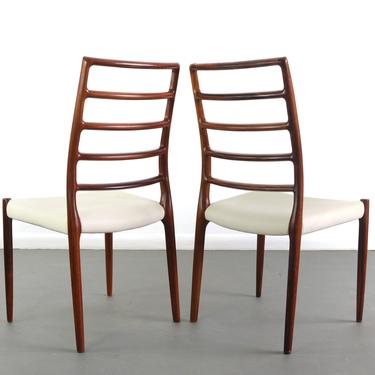 Niels Møller No. 82 Side Chairs in Rosewood and White Leather by J.L. Møllers Møbelfabrik, Denmark - A Set of 2 