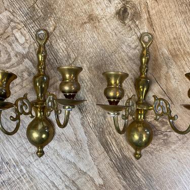 Vintage Brass Wall Scone Set of 2 with 2 Candle Wells Each 