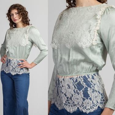 Vintage Mint Green Jessica McClintock Silk &amp; Lace Blouse - XS to Petite Small | 80s 90s Scalloped Trim Long Sleeved Bib Top 
